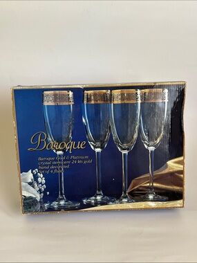 Baroque 24K Gold & Platinum Crystal Champagne Flutes Set of 4 NIB